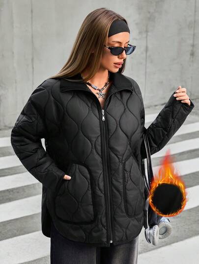 SHEIN Giacca trapuntata nera con collo alto e chiusura con cerniera