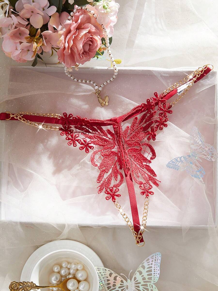 SHEIN 1pc Women's Sexy Lace Butterfly Chain Design Panty - Burgundy - View 1