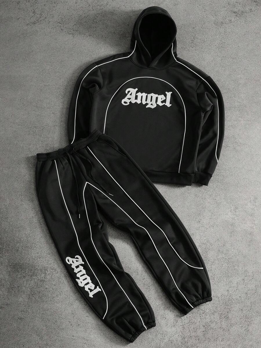 PAVTROS Men's Letter Embroidered Hoodie And Sweatpants Set, Fall Winter Clothes - Black - View 1