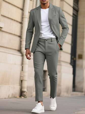 Manfinity Mode 男士浅灰色V领休闲西装套装，春夏