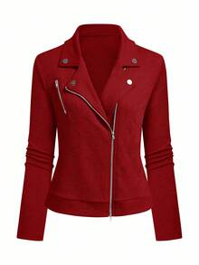 GlowEve Áo khoác xe máy ve áo có khóa kéo bằng vải họa tiết thường ngày dành cho nữ - Đỏ - Xem 9