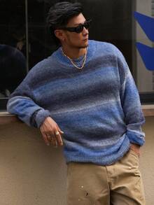 DAZY 男士休闲宽松渐变色条纹落肩长袖毛衣，秋季 - 寶藍色 - 查看 5