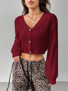 SHEIN PETITE Women's Solid Color Lantern Sleeve Button Front Rib Knit Cardigan, In Fall/Winter Cardigan Cropped Crop Top Sweater Knit Tops Christmas For Women New Year Autumn/Winter - Burgundy - View 8
