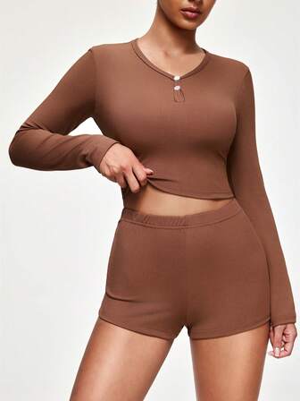 Shapelle Forme 2pcs Soft Ribbed V-Neck Long Sleeve Top And Shorts Loungewear Set For Women, Cozy Outfit, Fall Winter Clothes