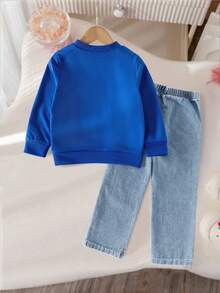 SHEIN Genkimix Kids Bộ quần denim ống đứng lưng thun co giãn, cổ tròn tay raglan màu trơn rộng rãi dễ thương cho bé gái, phù hợp cho bé gái mặc đi học trong mọi mùa - Xanh đậm - Xem 2