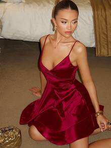 Glamine Charm 女士纯色褶饰细肩带迷你连衣裙 酒红色女装 - 酒紅色 - 查看 5