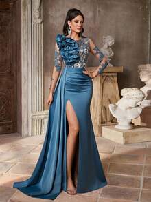 Aureia 优雅奢华亮片装饰缎面 V 领雪纺超长垂坠袖褶皱前鱼尾披肩，适合所有正式场合、派对、庆典、婚礼、正式晚礼服 - 香檳色 - 查看 2