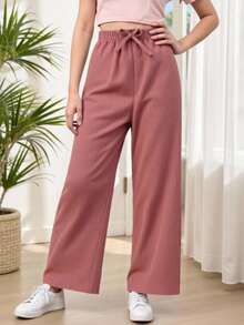 SHEIN Girls' Casual Loose Wide-Leg Pants, Comfortable Textured Apricot Color Fabric For Beach And Resort, Spring/Summer New Arrival, Matching With Mom & Sister,Holiday,Summer,Travel