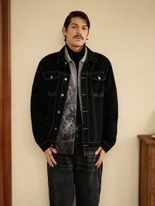 RivetRise Men's Basic Black Denim Jacket, Casual Autumn Jacket - Black - View 6