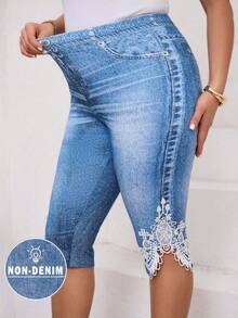 SHEIN Clasi Quần legging cạp cao ren in họa tiết denim cỡ lớn - Màu xanh lam - Xem 1