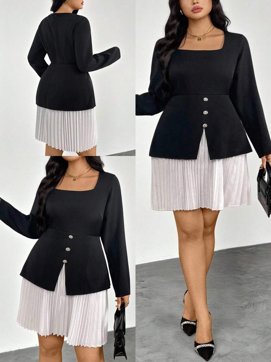 Firerie Plus Size Women's Square Neck Long Sleeve Button Design Pleated Hem Fashion Dress - Black and White - View 1