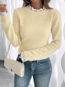 EMERY ROSE Fashionable & Sweet Lace Collar Soft Faux Fur Pullover Sweater, Versatile For Autumn/Winter - Beige - View 3