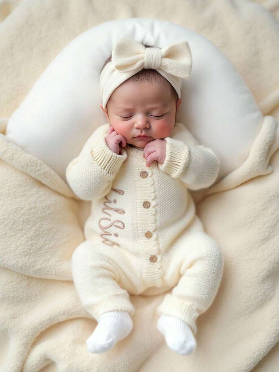 SHEIN 2 pièces Ensemble "Petite Sœur" Tenues de photographie pour nouveau-né fille brodées. Combinaison tricotée avec nœud papillon et bandeau. Tenue boutonnée pour séance photo, tenue de retour à la maison pour bébé