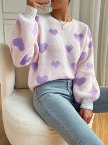 SHEIN Raffinéa Women's Heart Pattern Drop Shoulder Lantern Sleeve Loose Knit Pullover Sweater, Christmas - Multicolor - View 3