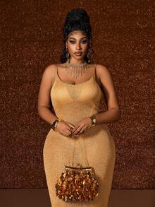 Maweii 大码女式毛衣裙金色纯色闪亮性感优雅通勤装派对性感连衣裙万圣节圣诞节情人节秋冬 - 黃色 - 查看 9