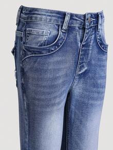 SHEIN Explorewe Tween Girls Jeans - 2025 秋冬新品，美式复古水洗刺绣喇叭牛仔裤，复古小众弹力修身喇叭裤，中腰设计，舒适，复古重度水洗，时尚，贴身剪裁，弹力，紧身，修身，直筒裤，适合日常外出、上学、通勤、派对、居家，非常适合万圣节 - 中等水洗藍 - 查看 3