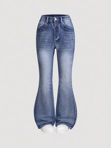 SHEIN Explorewe Tween Girls Jeans - 2025 秋冬新品，美式复古水洗刺绣喇叭牛仔裤，复古小众弹力修身喇叭裤，中腰设计，舒适，复古重度水洗，时尚，贴身剪裁，弹力，紧身，修身，直筒裤，适合日常外出、上学、通勤、派对、居家，非常适合万圣节 - 中等水洗藍 - 查看 4