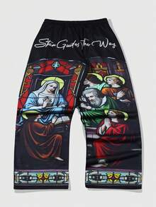 ROMWE MEN Street Life Men's Retro Religious Figure Print Straight Leg Pants - Multicolor - View 1
