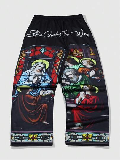 Street Life Men's Retro Religious Figure Print Straight Leg Pants