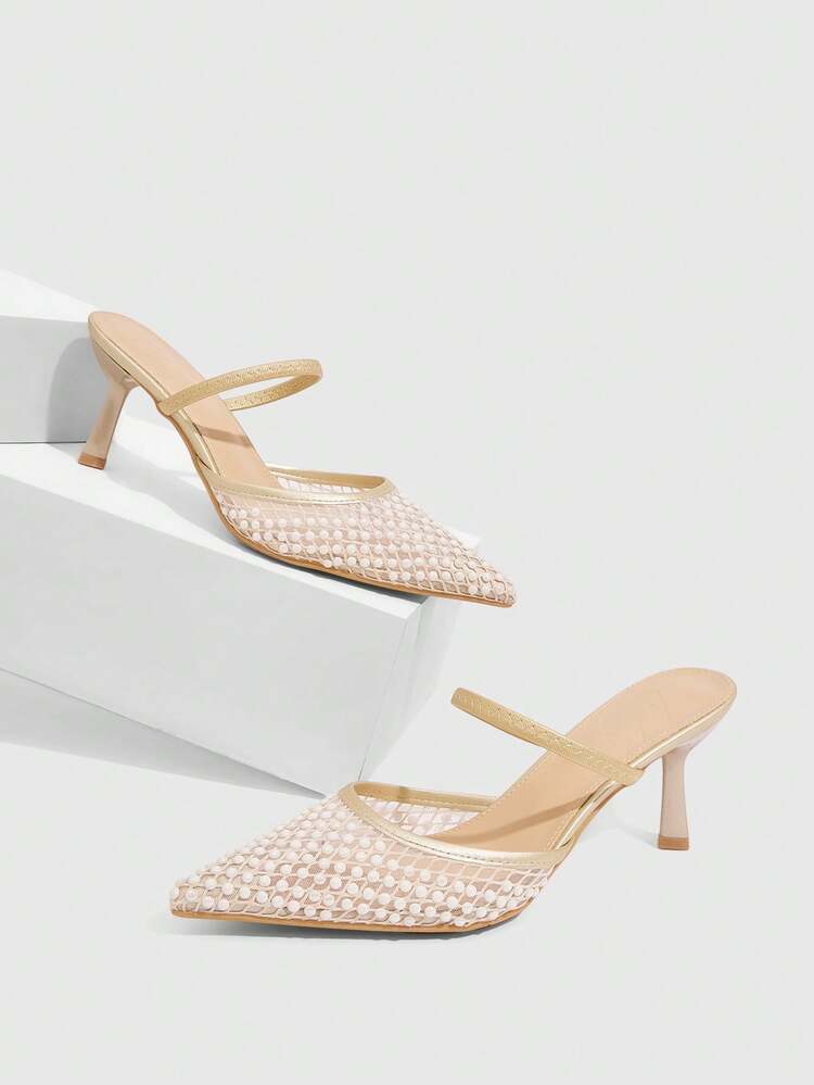CUCCOO SZL Women's High Heel Pumps, Mesh & Transparent Pointed Toe Stilettos, Sexy Slip-On Mules