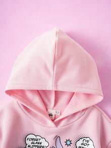 My Little Pony X SHEIN 年轻女孩休闲可爱卡通独角兽和口号图案落肩宽松连帽衫秋冬 - 粉色 - 查看 3