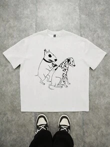 Manfinity ZONE917 Oversized Casual Funny Dalmatian Print White Cotton Knit T-Shirt (Wide Sleeves, Collar, Hem)