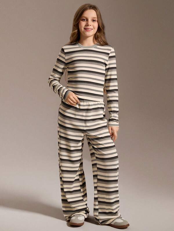 SHEIN Tween Girl Casual Striped Long Sleeve T-Shirt And Pants Set, Long Sleeve Fitted Striped T-Shirt, Fashionable Wide-Leg Pants. Autumn/Winter Casual Outfit