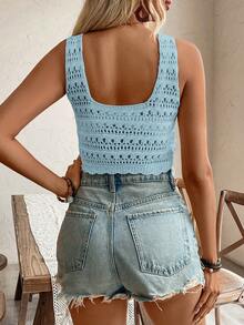 SHEIN LUNE Women's Vacation Casual Solid Color Hollow Out Knit Top - Baby Blue - View 2