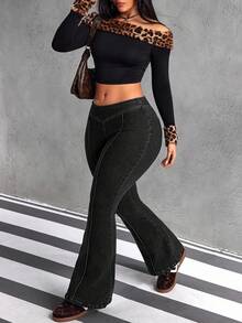 SHEIN EZwear 大码休闲水洗低腰喇叭牛仔裤 - 黑色 - 查看 7