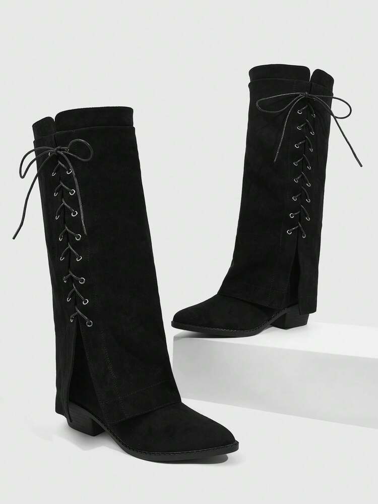 CUCCOO SZL Women's Fashion Black Side Lace-Up Thigh High Boots, Suitable For Holidays, Vacations, Music Festivals