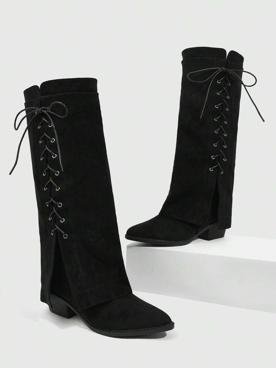 CUCCOO SZL Women's Fashion Black Side Lace-Up Thigh High Boots, Suitable For Holidays, Vacations, Music Festivals