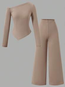 SHEIN Streecool Kids 2pcs/Set Tween Girls Oblique Shoulder Ribbed Fitted Long Sleeve Top + Straight Leg Pants Outfit