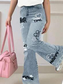 SHEIN 2 pezzi/set Outfit casual per ragazze adolescenti, composto da maglietta a maniche corte con scollo rotondo e stampa di cuori e facce sorridenti, e pantaloni a zampa, adatto per estate, autunno, casa, all'aperto, fotografia di strada, campus - Multicolore - Visualizzare 4