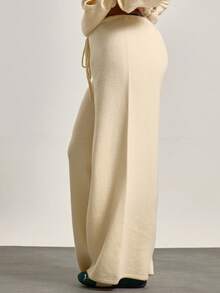 MUSERA Plus Knitted Wide Leg Tie Waist Trousers , , Winter, Cool Girl, Cosy, Everyday  Spring - Apricot - View 3