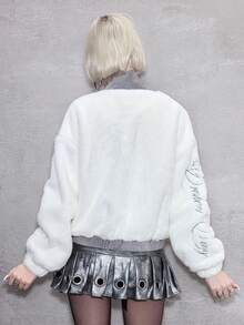 ROMWE Avant 女式秋冬字母与星星刺绣拉链仿毛领夹克 - 灰色 - 查看 6