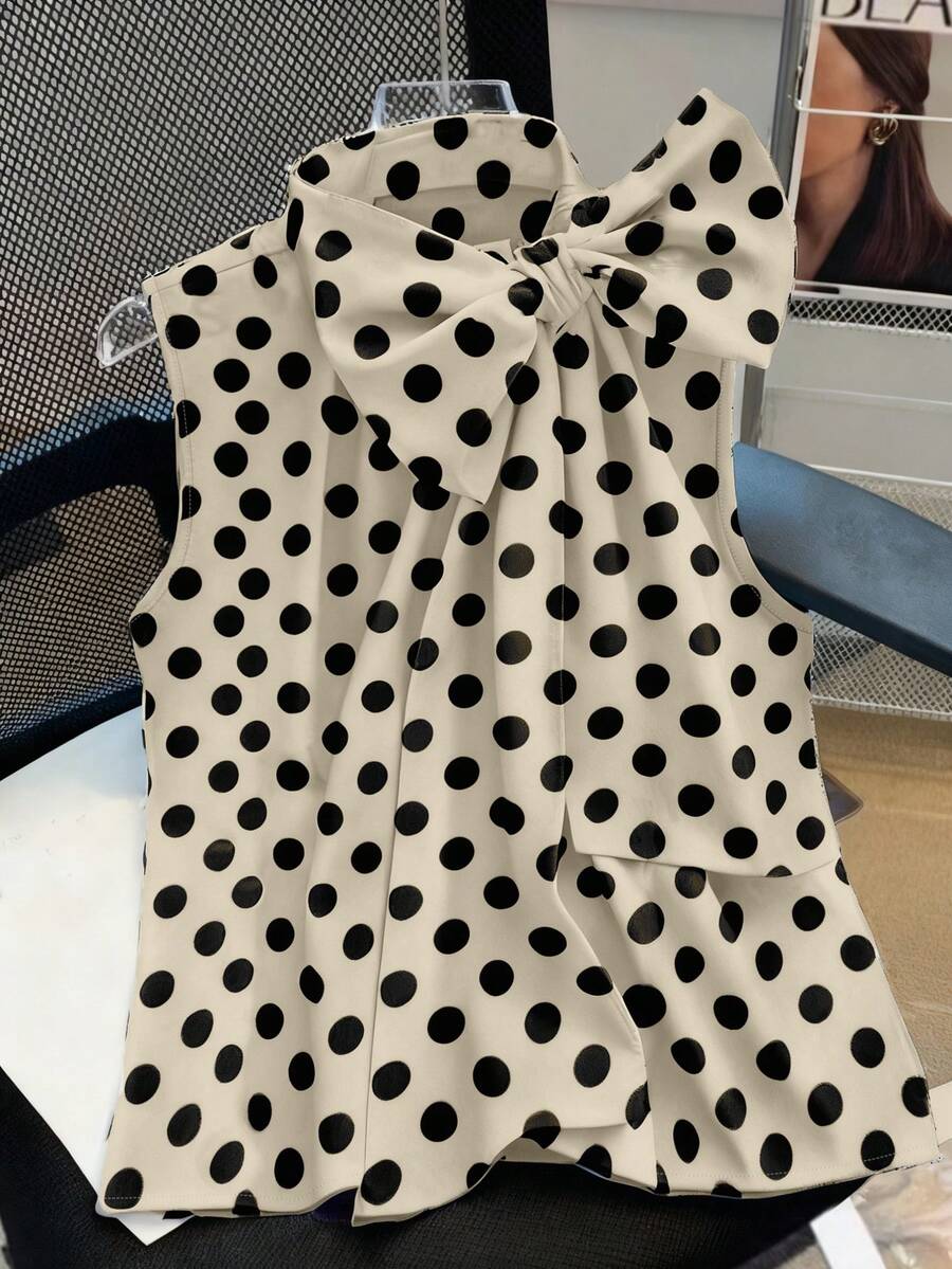Franclia 时尚优雅百搭 H 型法式蝴蝶结波尔卡圆点宽松无袖女士衬衫，春夏 - 彩色 - 查看 1