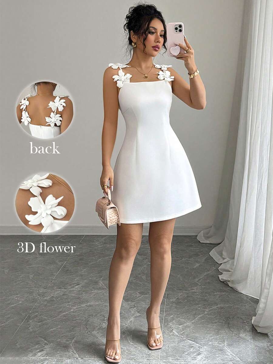 Elenzga Women's Spring And Summer Elegant 3D Floral Strap Design Waist Fitted Minimalist Casual Short Dress - White - View 1