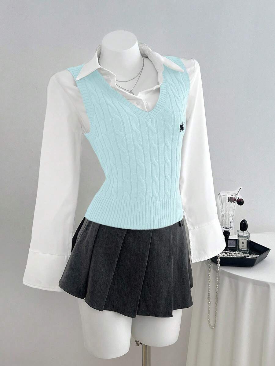 SHEIN Unity Casual Versatile Cable Knit Vest - Blue - View 1