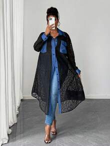 Maweii Plus Size Autumn Fashion Commuter Color Block Lace Patchwork Shirt - Black - View 4