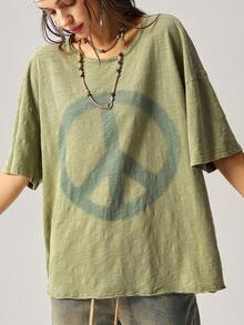 Bohemela Casual Solid Color Knit Crew Neck Short Sleeve Loose T-Shirt For Women