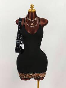 Amplova 别致豹纹网眼拼布细肩带甜心胸围交叉后背性感迷你紧身连衣裙 - 黑色 - 查看 4