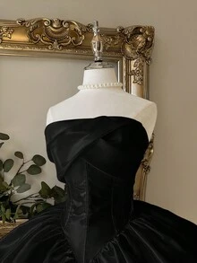 Lovelzi 优雅、奢华、高贵的白色缎面露肩收腰双层蛋糕裙，适合单身派对、婚礼、毕业典礼、度假、正式舞会 - 黑色 - 查看 7