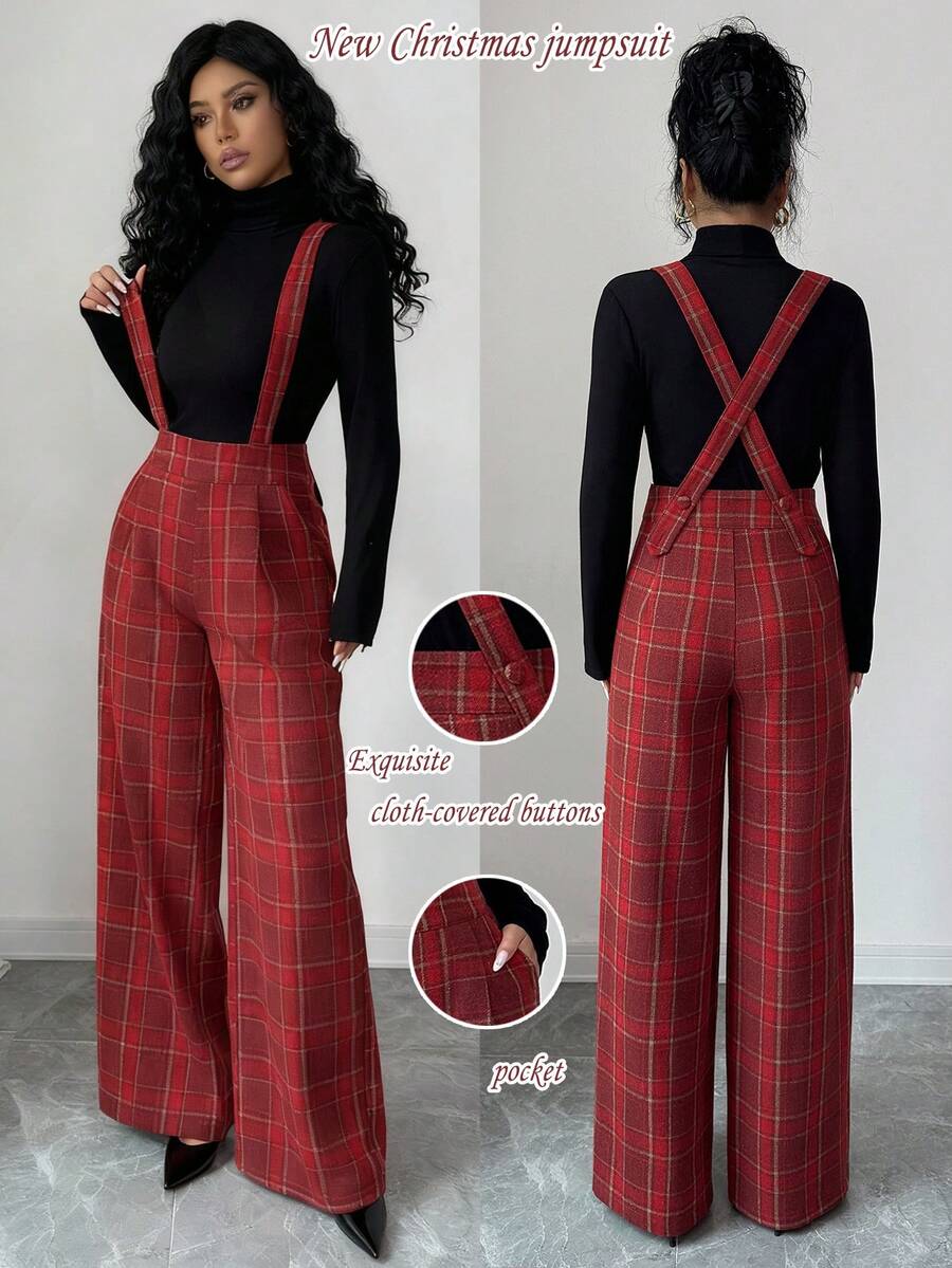 Rafferiza Women's Red Plaid Retro Vintage Overalls,Christmas New Year High-End Comfortable Sanded Plaid Overalls For Party,Autumn Winter Summer School - Multicolor - View 1