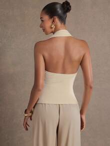 L'Amorae Women's Y2K Metal Decor Ribbon Design Fitted Fashionable Halter Top - Khaki - View 2