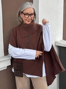 Vivie Lora Women's Loose Fit Shawl Collar Poncho Sweater - Brown - View 5