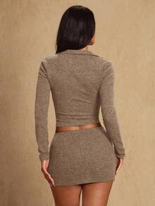 Glamine 2pcs Set: Elegant Minimalist Brown Long Sleeve Cropped Top And Bodycon Mini Skirt Sweater Dress Brown Bodycon Dress Coffee Brown Dress Earth Tone Dress Christmas Outfit Women Christmas Clothes