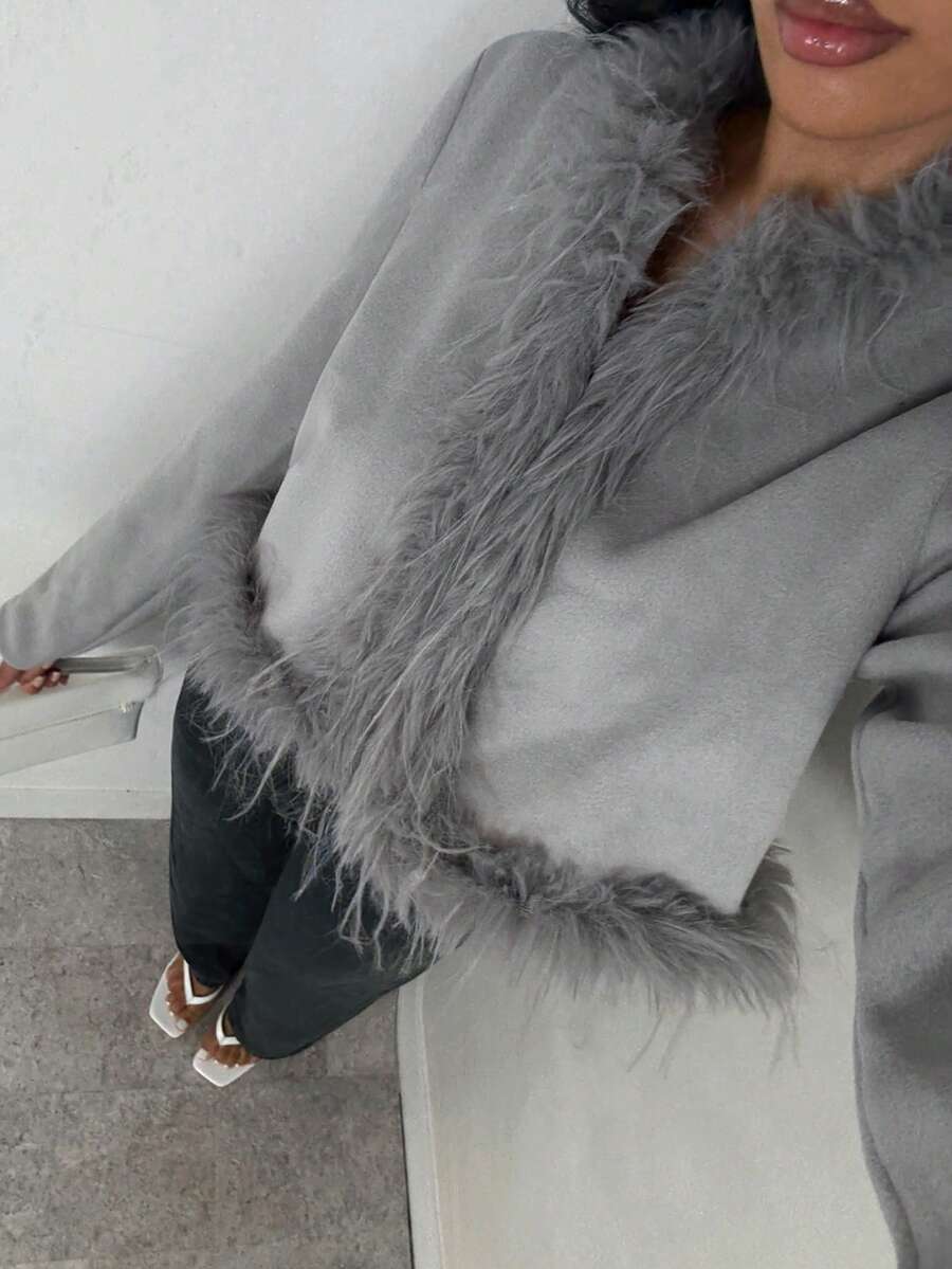 Glamine 女士灰色仿皮草拼布夹克，秋冬 - 灰色 - 查看 1