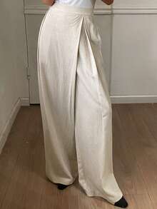 DAZY Women's Loose Asymmetric Wide Leg Pants, Casual Vintage Style, Autumn/Winter - Apricot - View 5