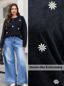 SHEIN LUNE Plus Size Casual Floral Embroidery Round Neck Drop Shoulder Sweatshirt, Autumn/Winter Plus Size Casual Long Sleeve Embroidered Snowflake Washed Loose Fit Crew Neck Pullover Sweatshirt,Fall Clothes For Women Winter Autumn Women Long Sleeve Tops Winter Tops For Women Plus Size Sweatshirts Tops For Women Plus Full Sleeve Tops,Black Top,Winter Clothes For Women,Christmas Outfit For Women,Christmas Jumper,Christmas Women's Clothing,New Year Outfit,Clothes For New Year,Thanksgiving Outfit For Women,Casual Daily Wear,Everyday Commute & Outdoor Essential,Commute,Minimalist,Simple Women Tops,Office Siren Style Outfits