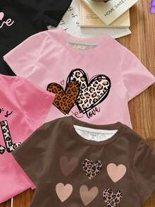 SHEIN 4 件年轻女孩休闲极简主义玫瑰、复古豹纹、心形、字母“Mama's Girl”图案圆领短袖 T 恤，适合春夏季 - 彩色 - 查看 5